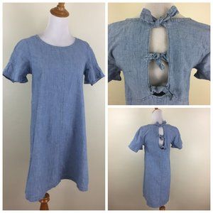 MADEWELL Light Blue Wash Chambray Cut Out Bows Back Short Sleeve Ruffle Dress